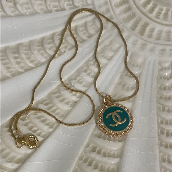 CHANEL authentic Gold and Teal Pendant with a 14k unbranded gold Chain ⛓️‍💥 - Picture 1 of 4
